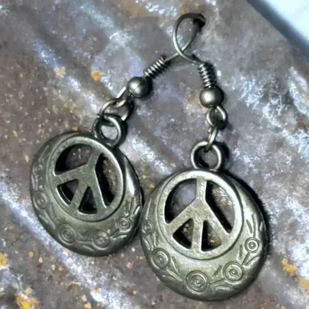 Artsy Peace Sign Bronze Antique Brass Stylized Dangle Earrings